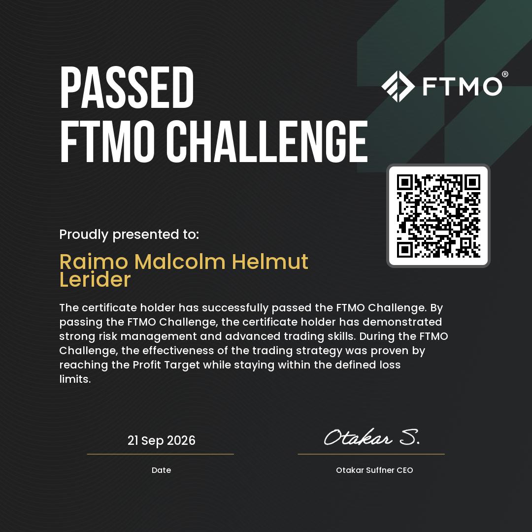 FTMO Challenge certificate, dated 21 September 2026